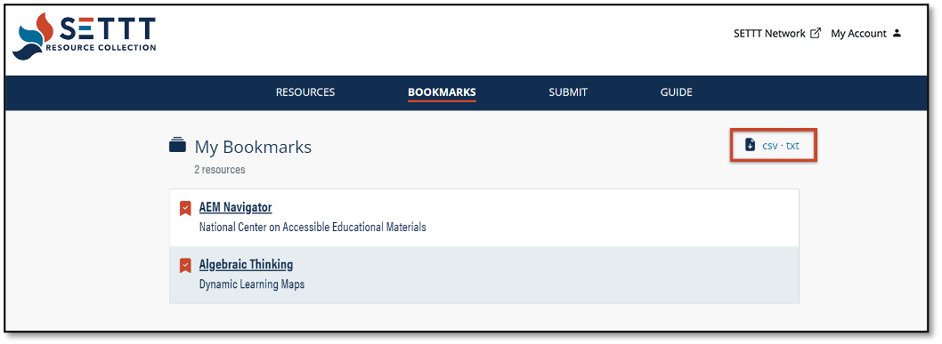 The csv and txt file download option highlighted on an item page