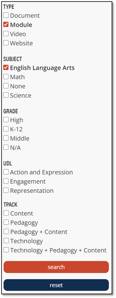 View of filter topics and selections on Resources page