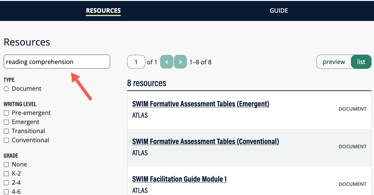 View of the SETTT Resources page with focus on search box